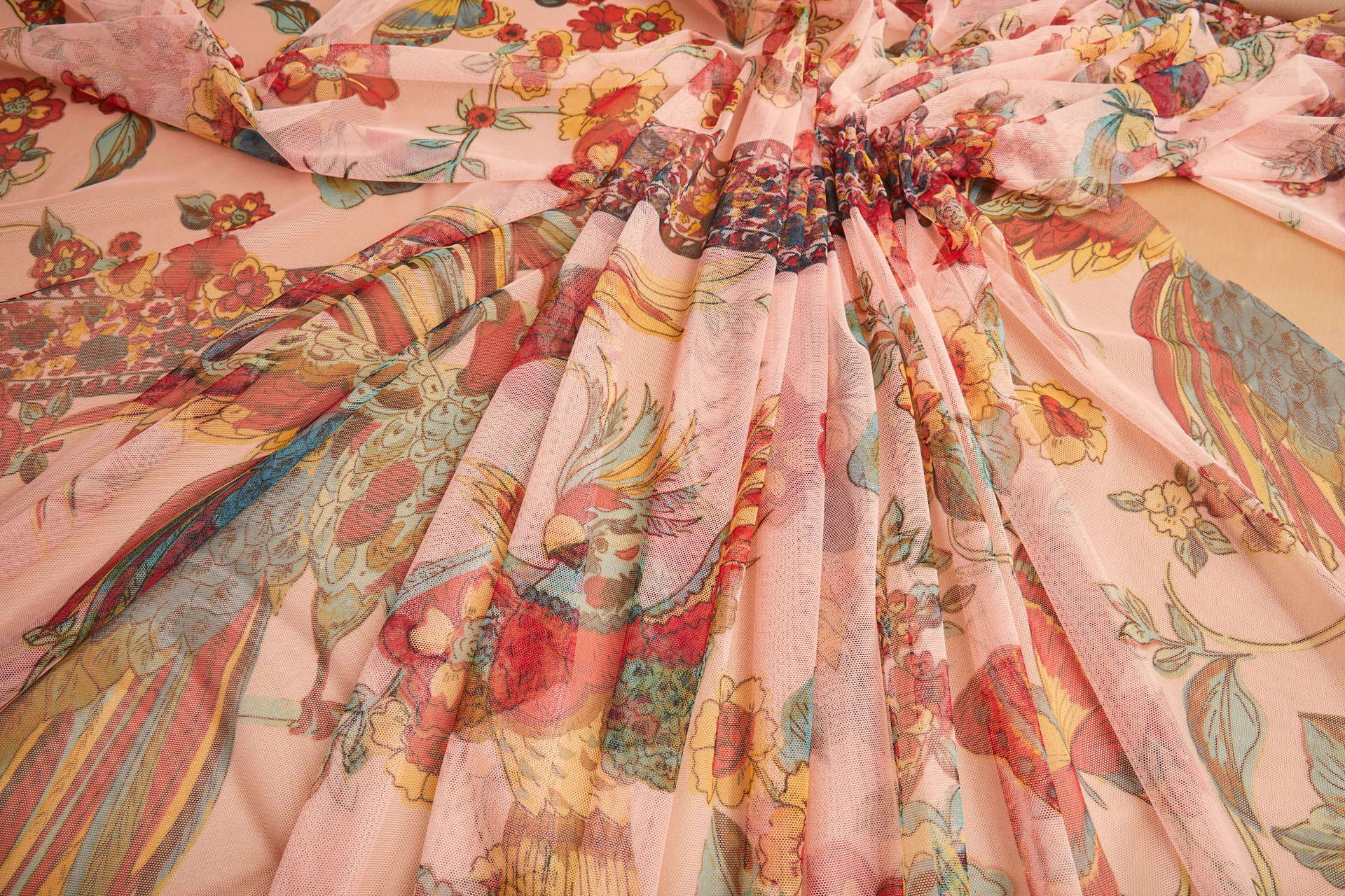 Tropical Birds and Flowers Printed Stretch Mesh - Pastel Coral Teal Yellow fabric, image 12 of 12