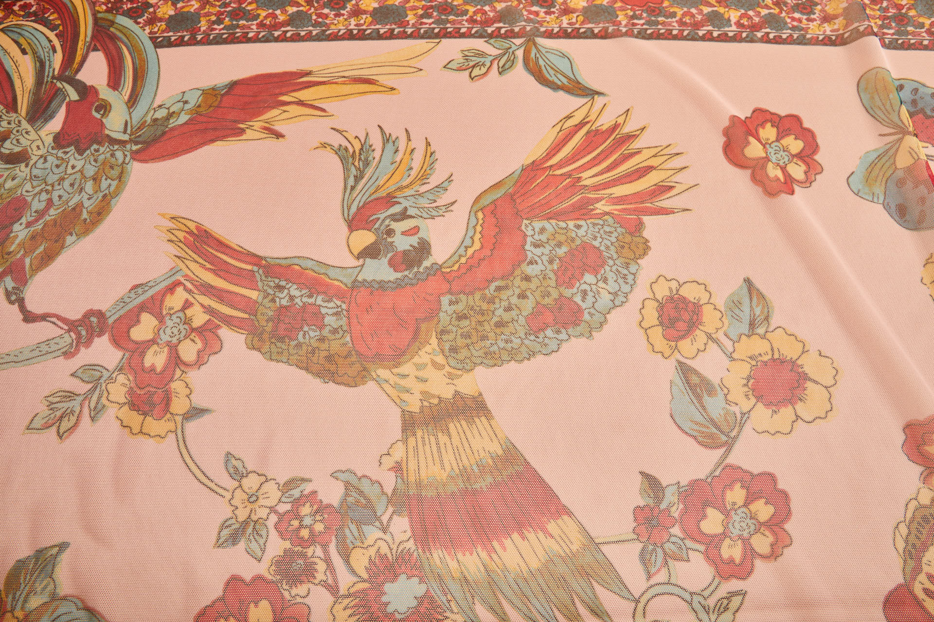 Tropical Birds and Flowers Printed Stretch Mesh - Pastel Coral Teal Yellow fabric, image 2 of 12