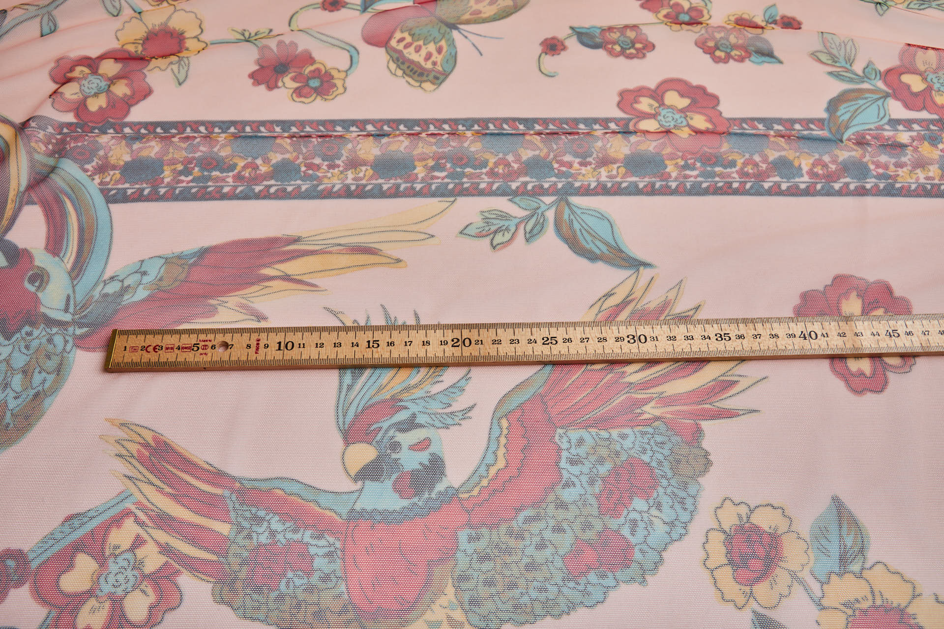 Tropical Birds and Flowers Printed Stretch Mesh - Pastel Coral Teal Yellow fabric, image 11 of 12