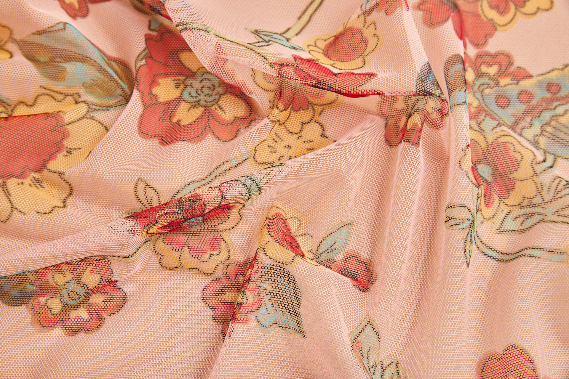 Tropical Birds and Flowers Printed Stretch Mesh - Pastel Coral Teal Yellow fabric, image 4 of 12