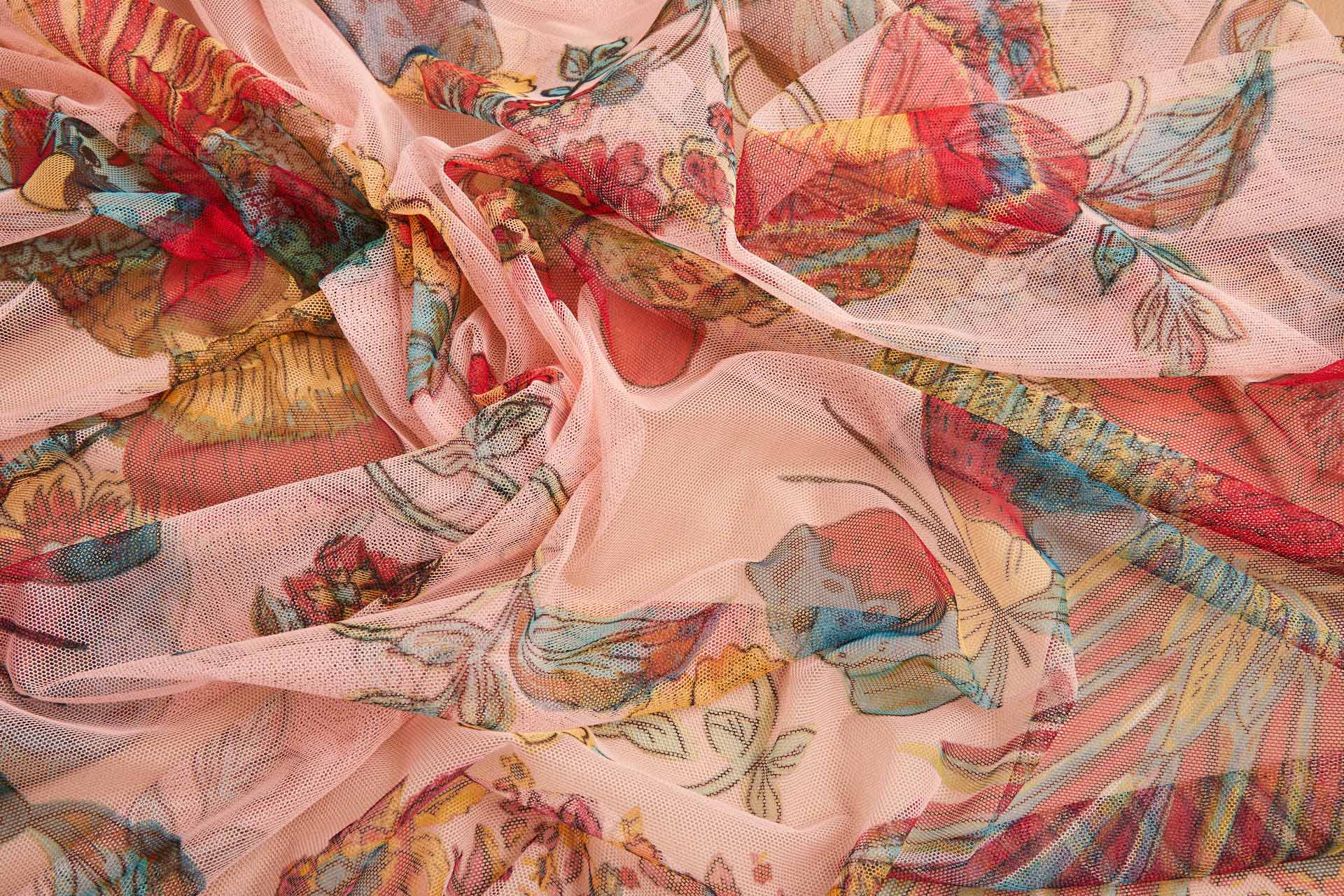 Tropical Birds and Flowers Printed Stretch Mesh - Pastel Coral Teal Yellow fabric, image 5 of 12