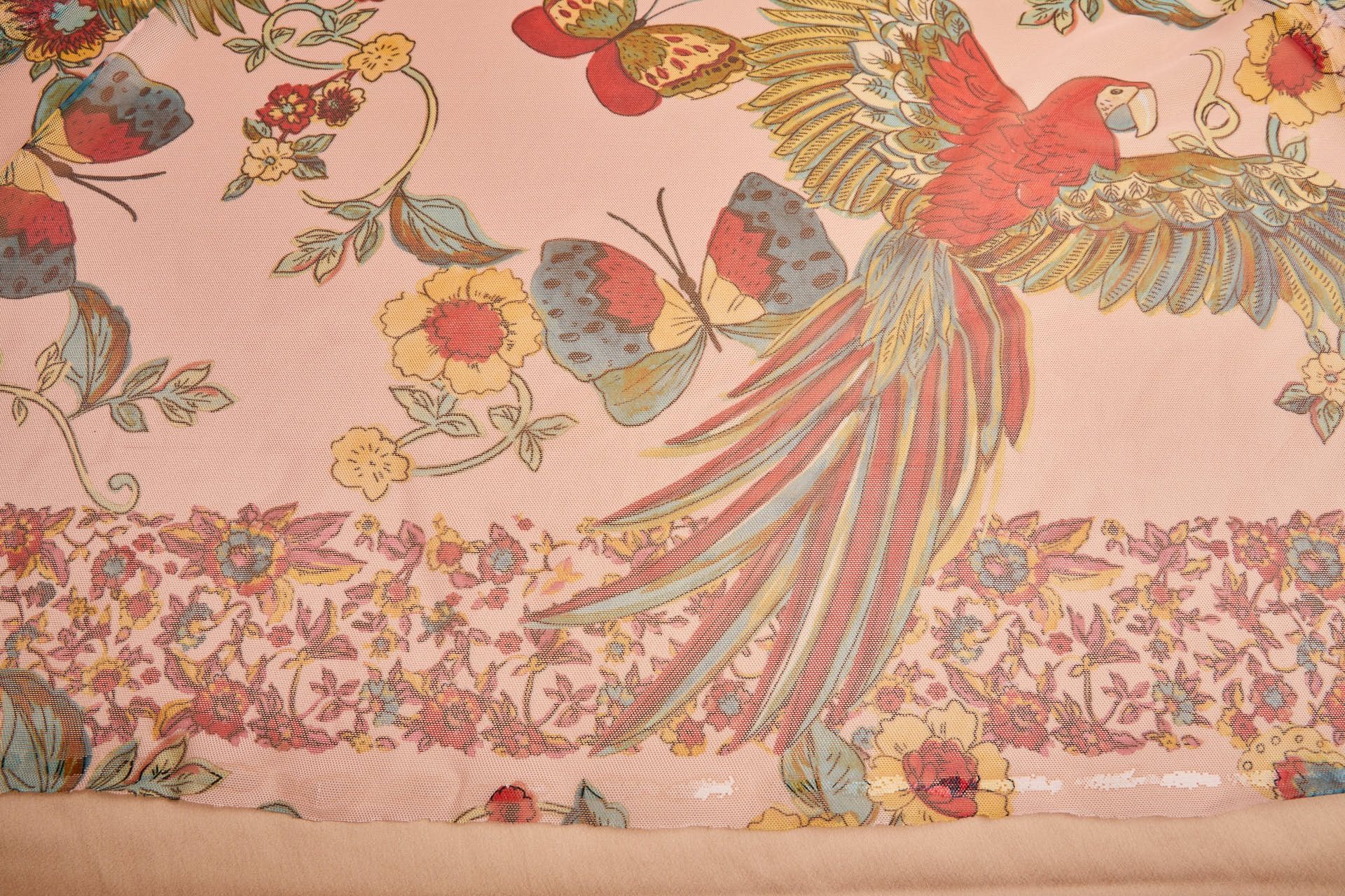 Tropical Birds and Flowers Printed Stretch Mesh - Pastel Coral Teal Yellow fabric, image 6 of 12
