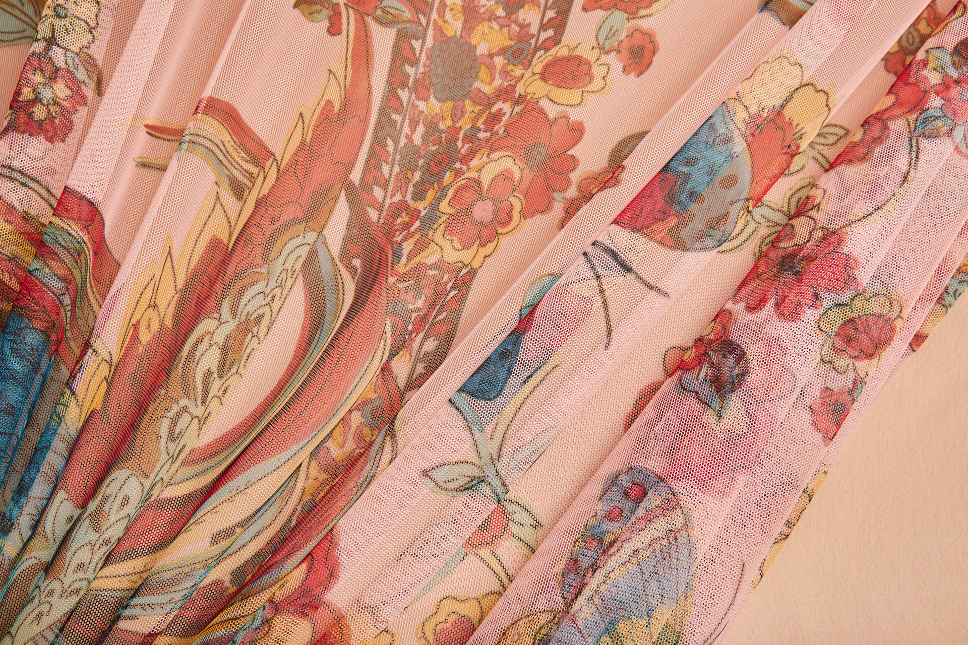 Tropical Birds and Flowers Printed Stretch Mesh - Pastel Coral Teal Yellow fabric, image 7 of 12