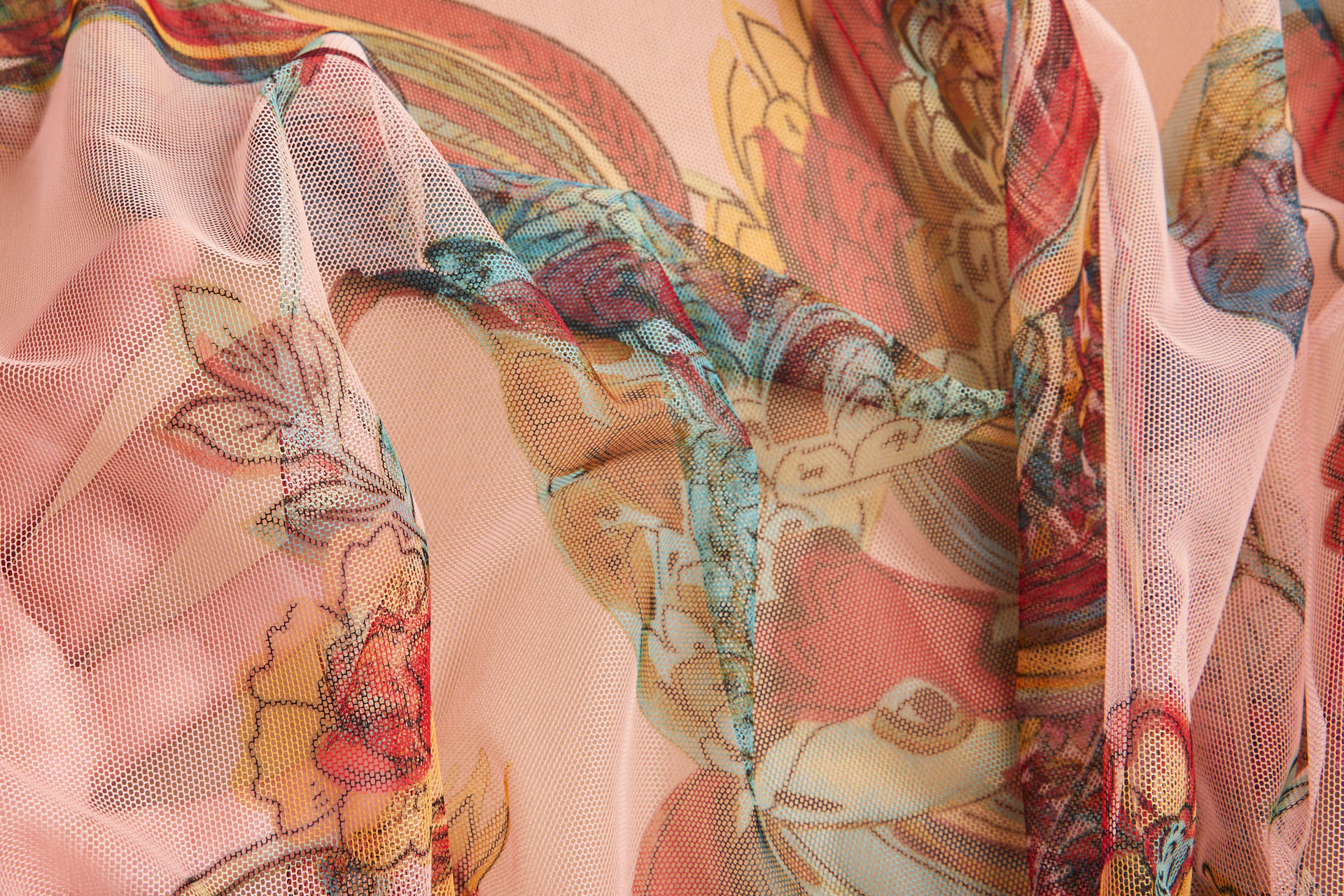 Tropical Birds and Flowers Printed Stretch Mesh - Pastel Coral Teal Yellow fabric, image 8 of 12