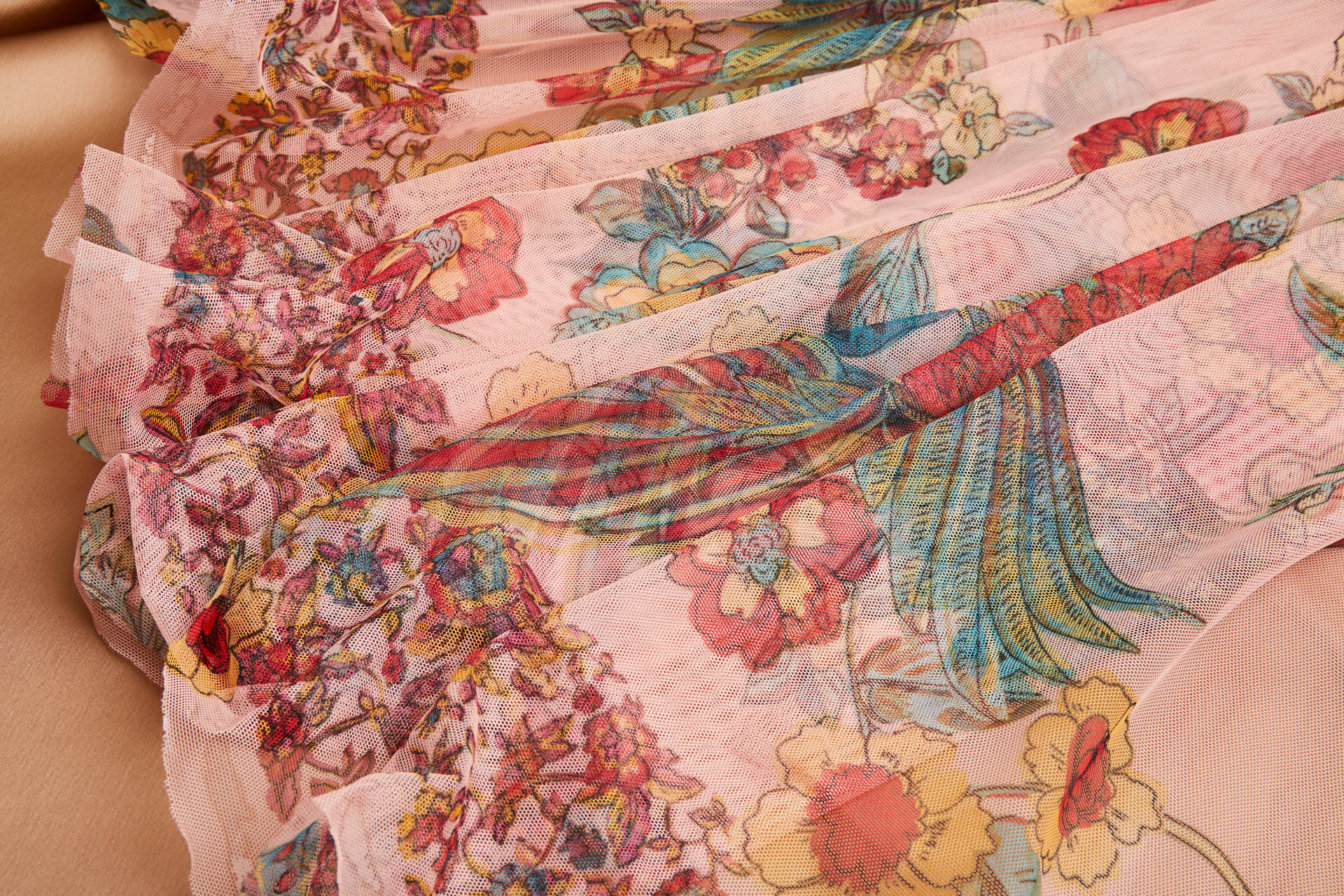 Tropical Birds and Flowers Printed Stretch Mesh - Pastel Coral Teal Yellow fabric, image 9 of 12