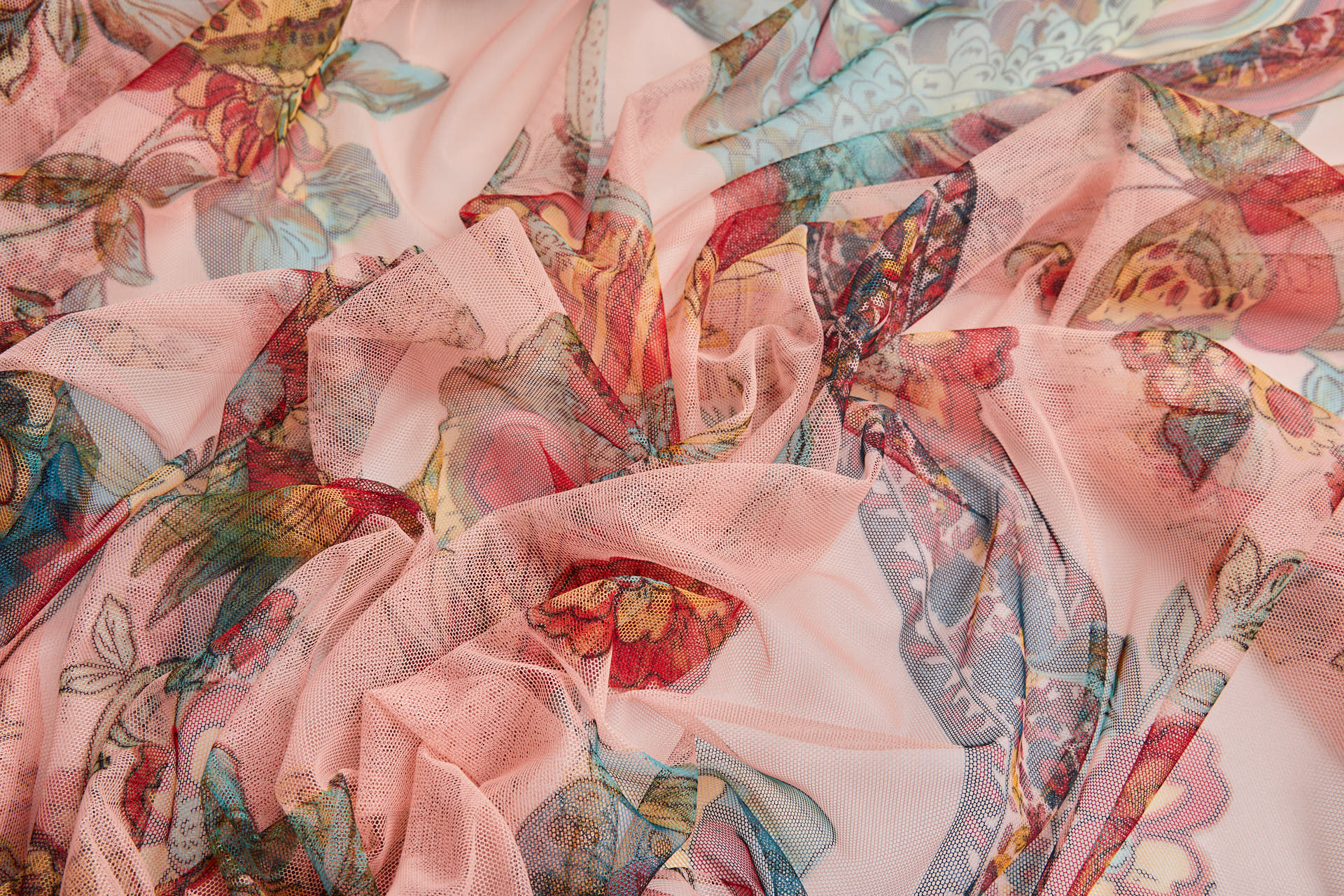 Tropical Birds and Flowers Printed Stretch Mesh - Pastel Coral Teal Yellow fabric, image 10 of 12