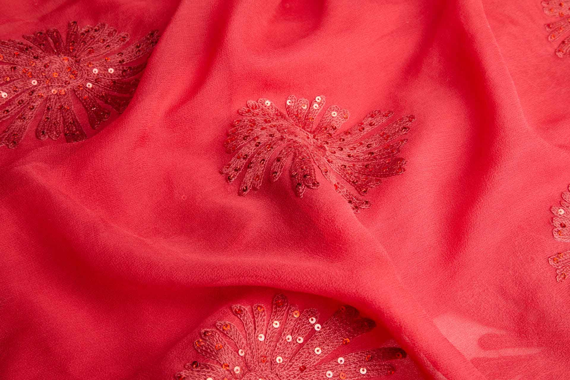 Embroidered Red Large Flowers w/Sequins on Silk Chiffon fabric, image 6 of 6