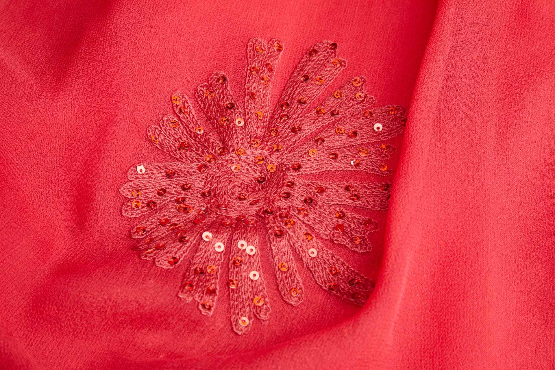 Embroidered Red Large Flowers w/Sequins on Silk Chiffon fabric, image 2 of 6