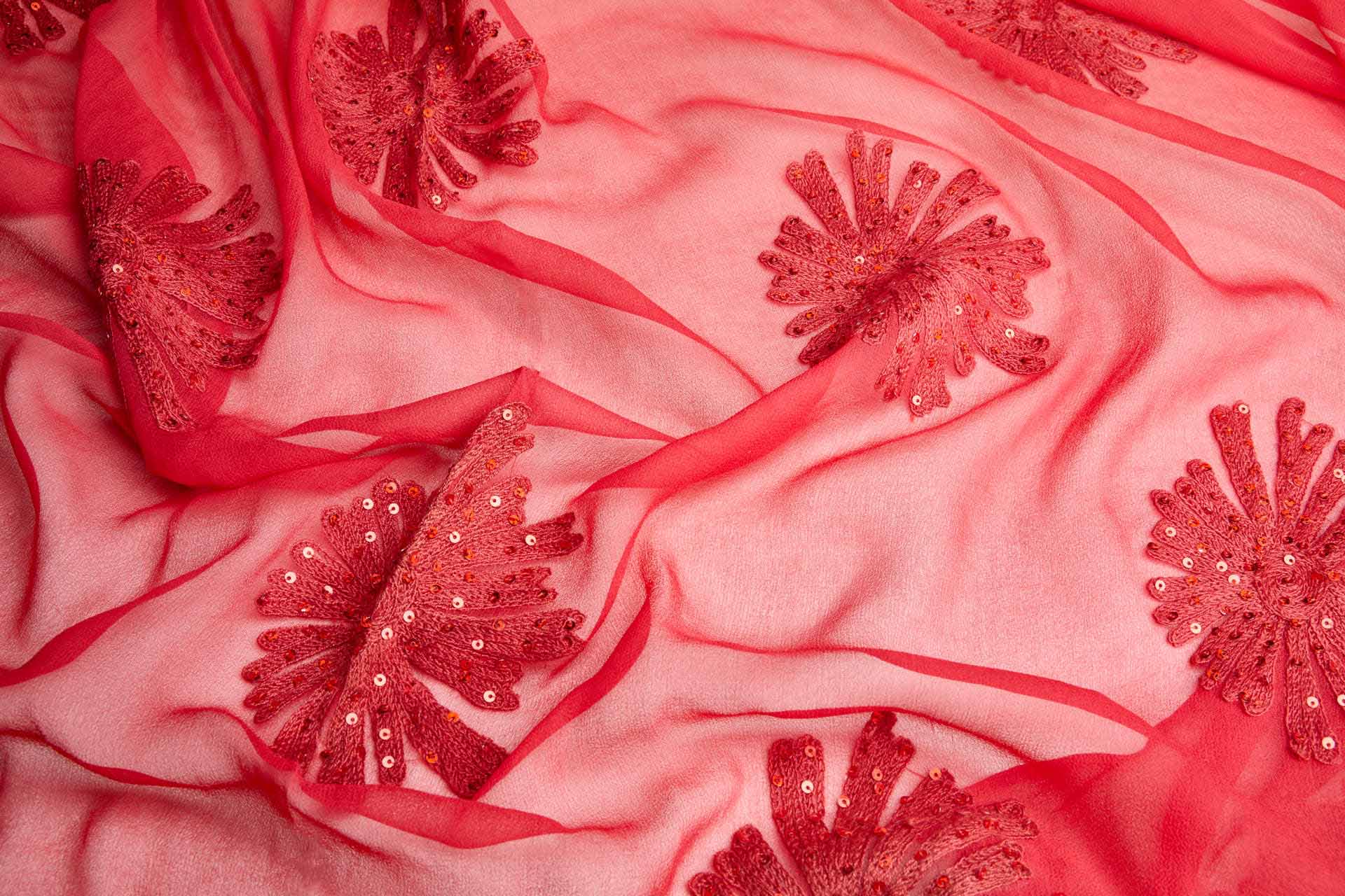 Embroidered Red Large Flowers w/Sequins on Silk Chiffon fabric
