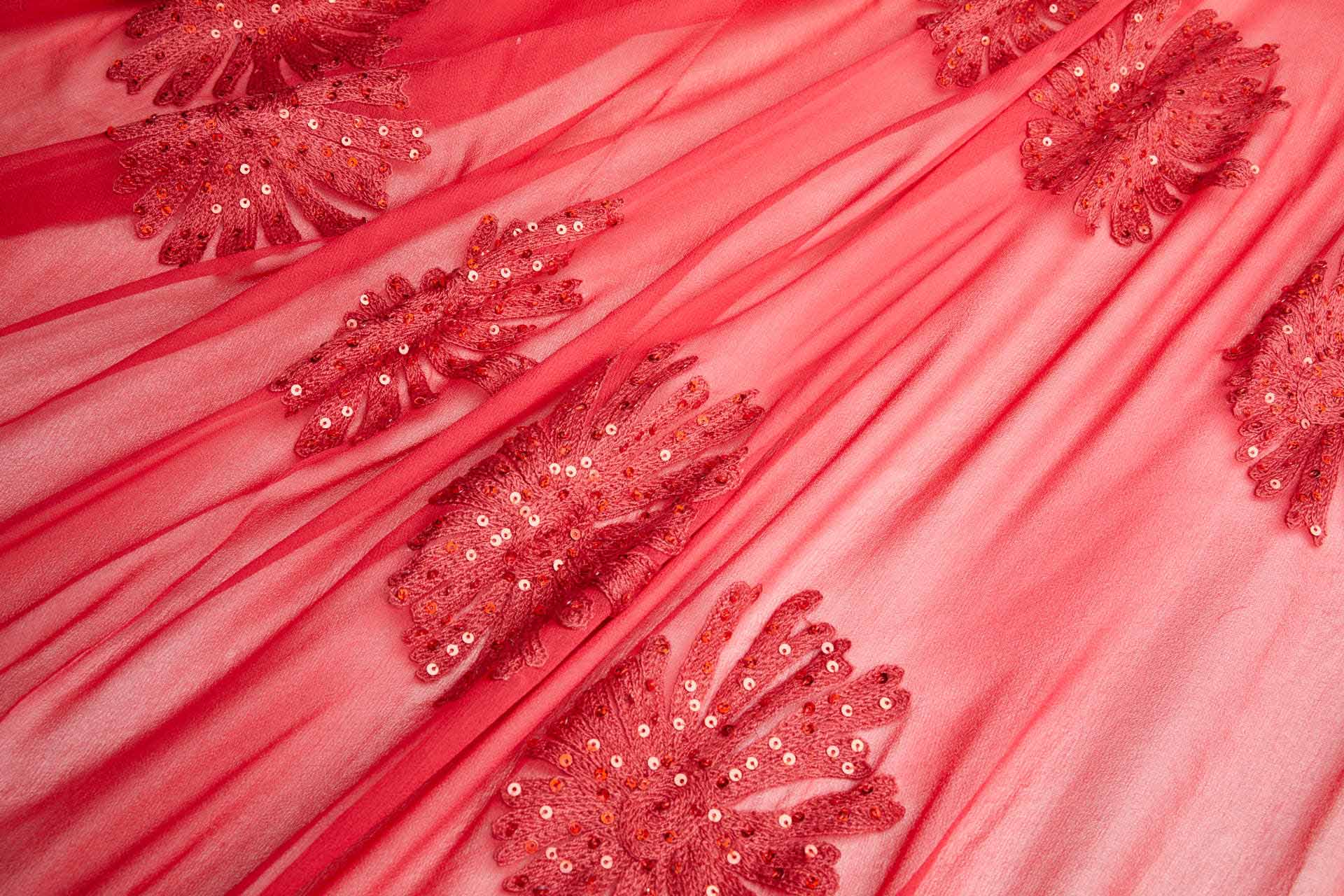 Embroidered Red Large Flowers w/Sequins on Silk Chiffon fabric, image 3 of 6
