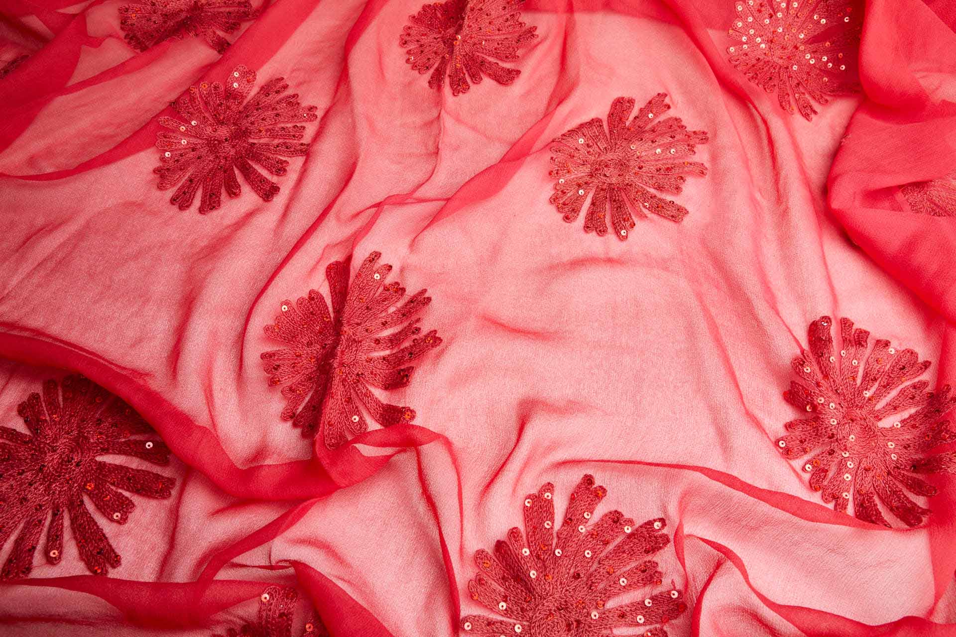 Embroidered Red Large Flowers w/Sequins on Silk Chiffon fabric, image 4 of 6