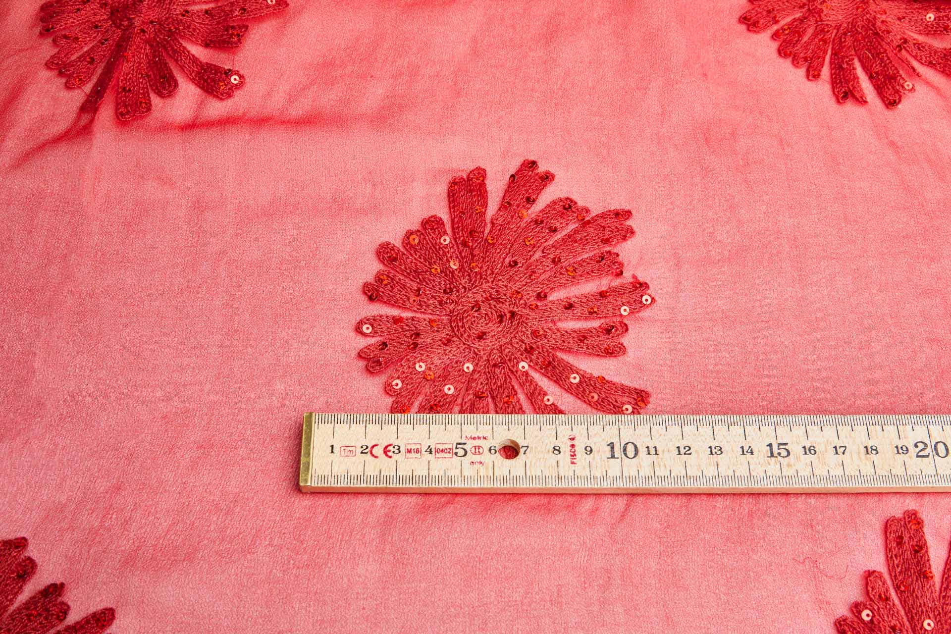 Embroidered Red Large Flowers w/Sequins on Silk Chiffon fabric, image 5 of 6