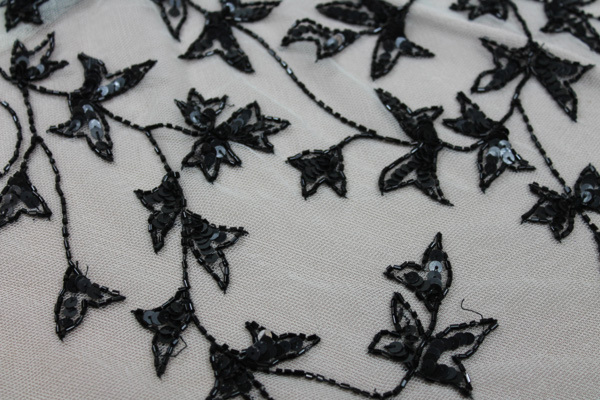 Black Ivy Beading On Ivory Tulle fabric, image 2 of 3