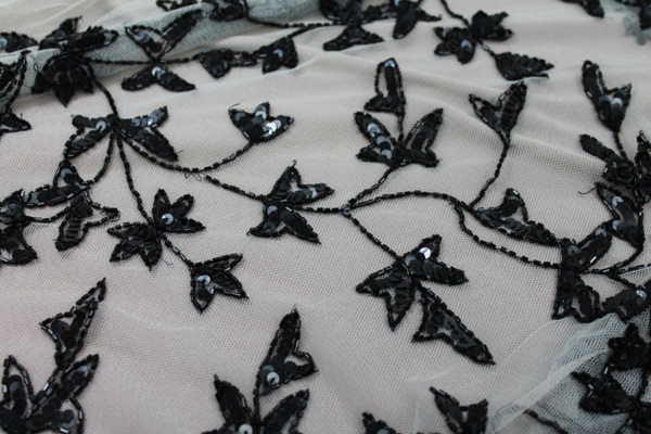 Black Ivy Beading On Ivory Tulle fabric, image 3 of 3