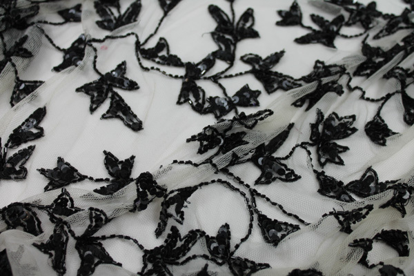 Black Ivy Beading On Ivory Tulle fabric