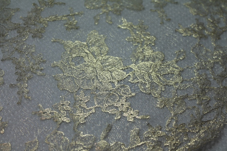 White Chantilly lace, gold foiled, rose design. Double scalloped. fabric, image 2 of 8