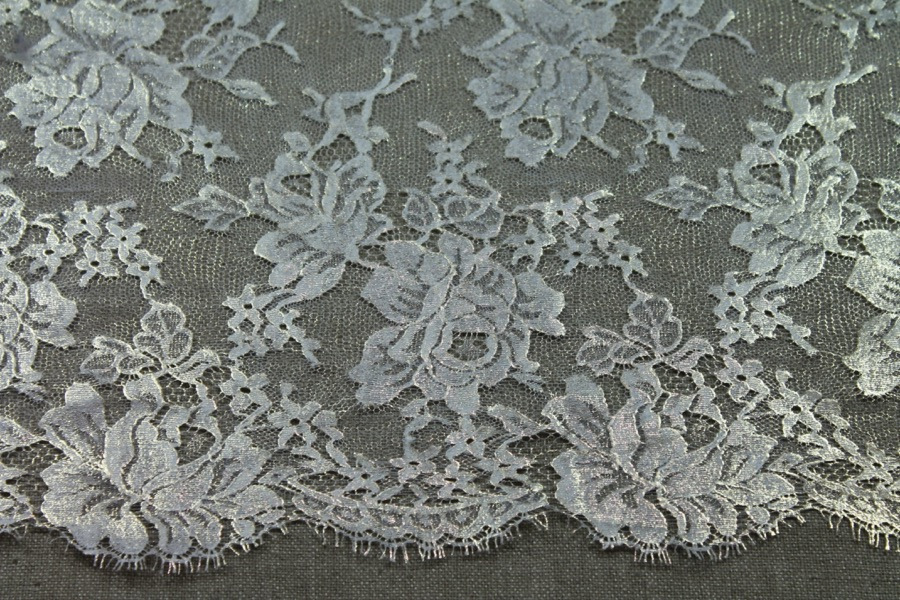 White Chantilly lace, gold foiled, rose design. Double scalloped. fabric, image 6 of 8