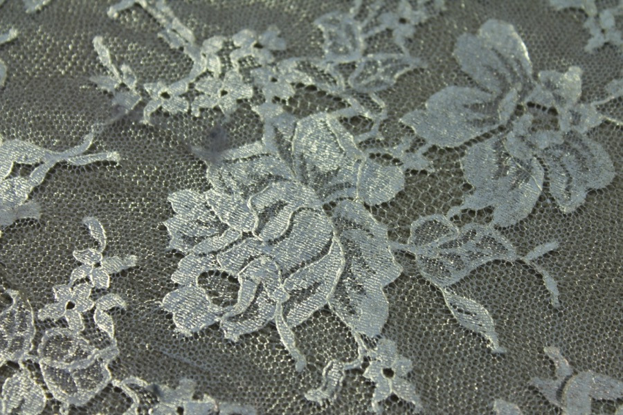 White Chantilly lace, gold foiled, rose design. Double scalloped. fabric, image 3 of 8