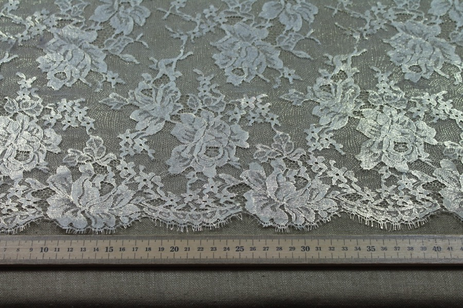 White Chantilly lace, gold foiled, rose design. Double scalloped. fabric, image 8 of 8