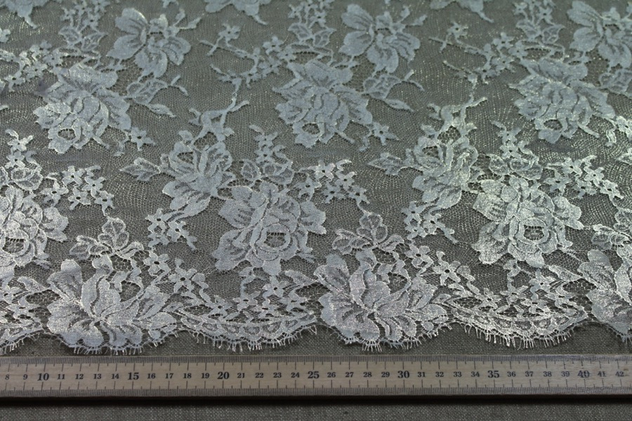 White Chantilly lace, gold foiled, rose design. Double scalloped. fabric, image 7 of 8