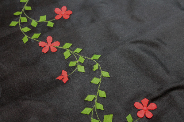 Black Silk Organza - Red and Green Applique Flowers fabric, image 2 of 6