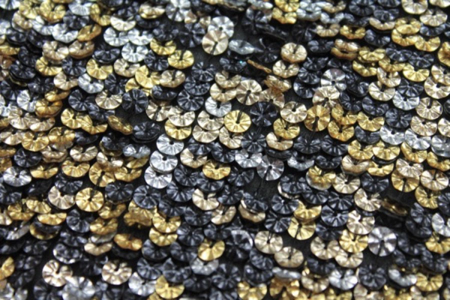 Corrugated Round Sequin on Silk Chiffon - Gold/Silver/Black fabric, image 3 of 5