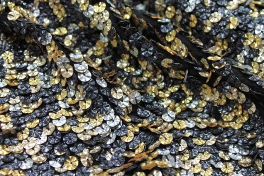 Corrugated Round Sequin on Silk Chiffon - Gold/Silver/Black fabric