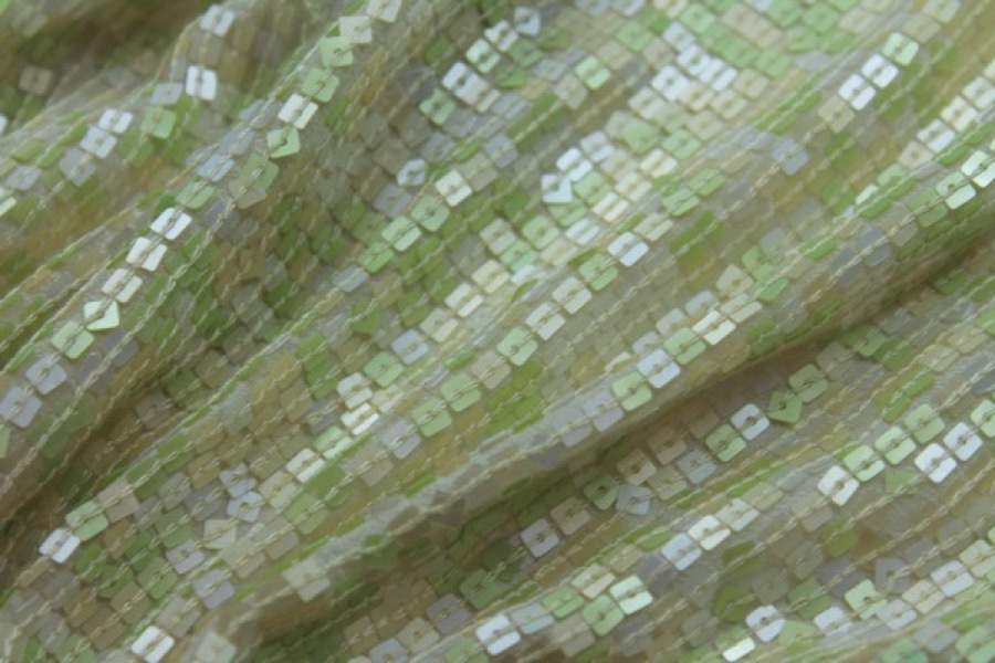 Small Square Sequin on Silk Chiffon - Pastel green fabric, image 5 of 6