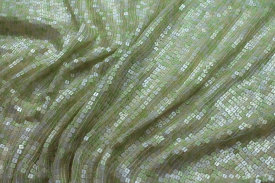 Small Square Sequin on Silk Chiffon - Pastel green fabric, image 6 of 6