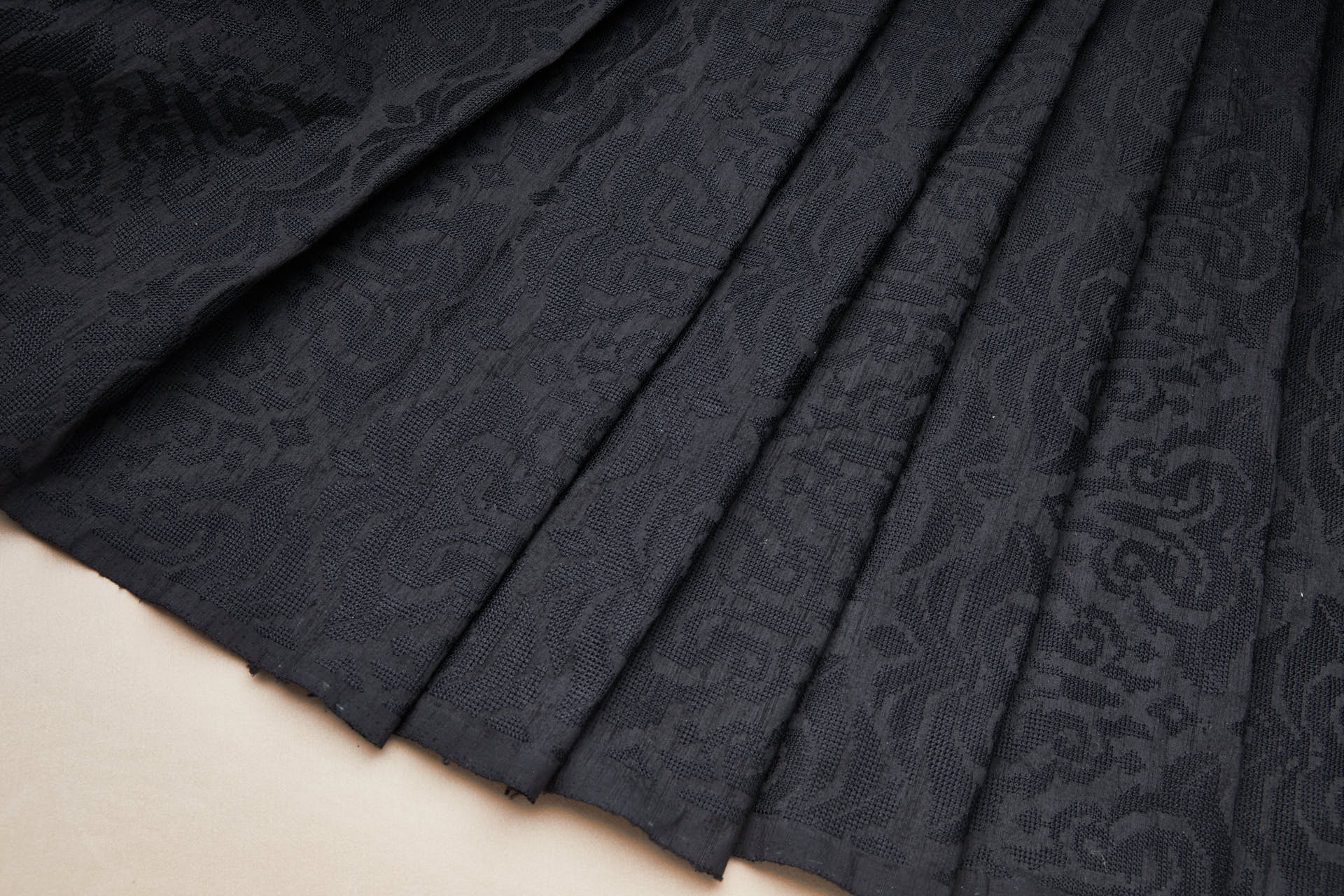Black Crosstitch Style Embroidery on Black Silk Dupion fabric