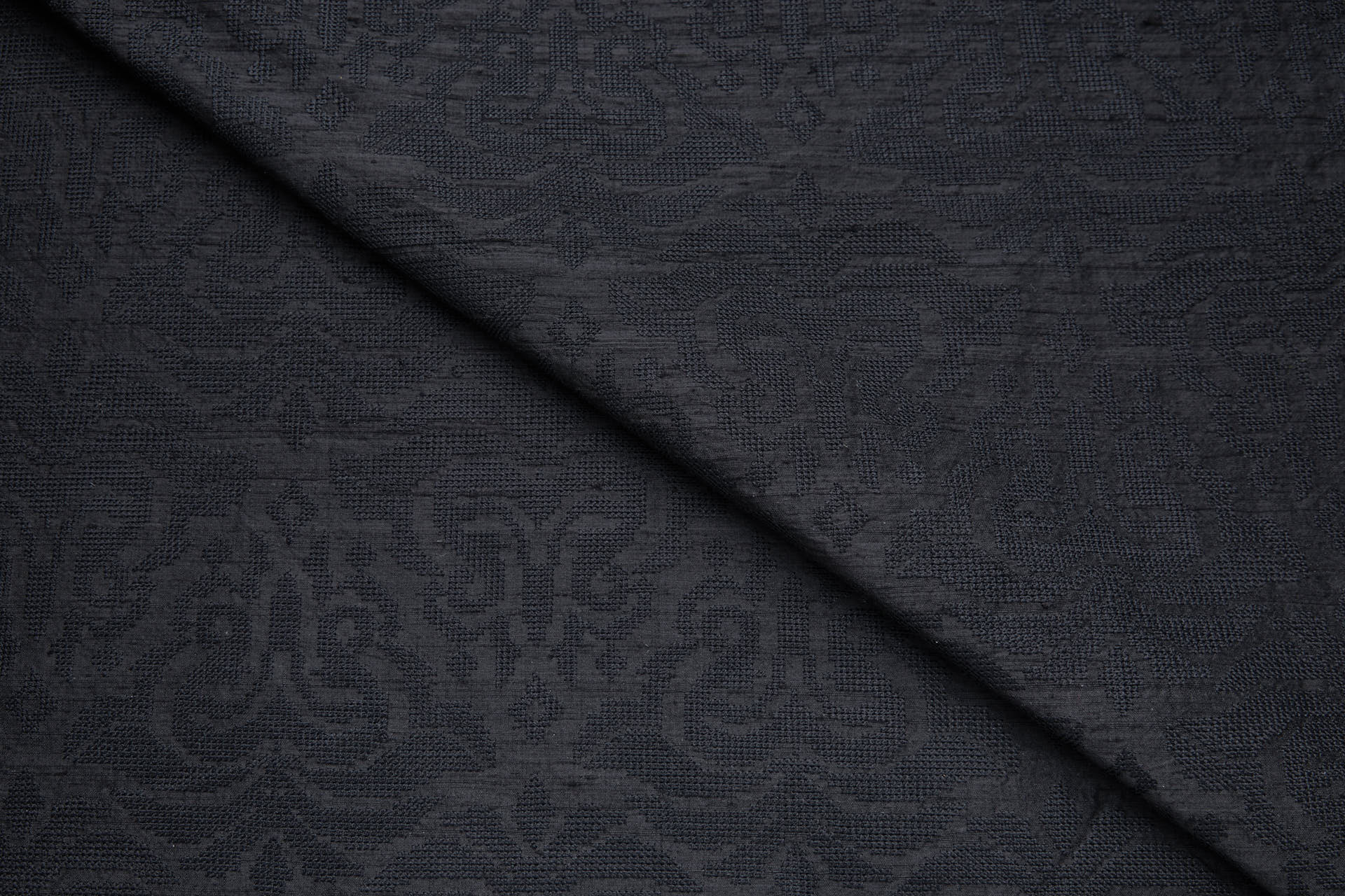 Black Crosstitch Style Embroidery on Black Silk Dupion fabric, image 2 of 11