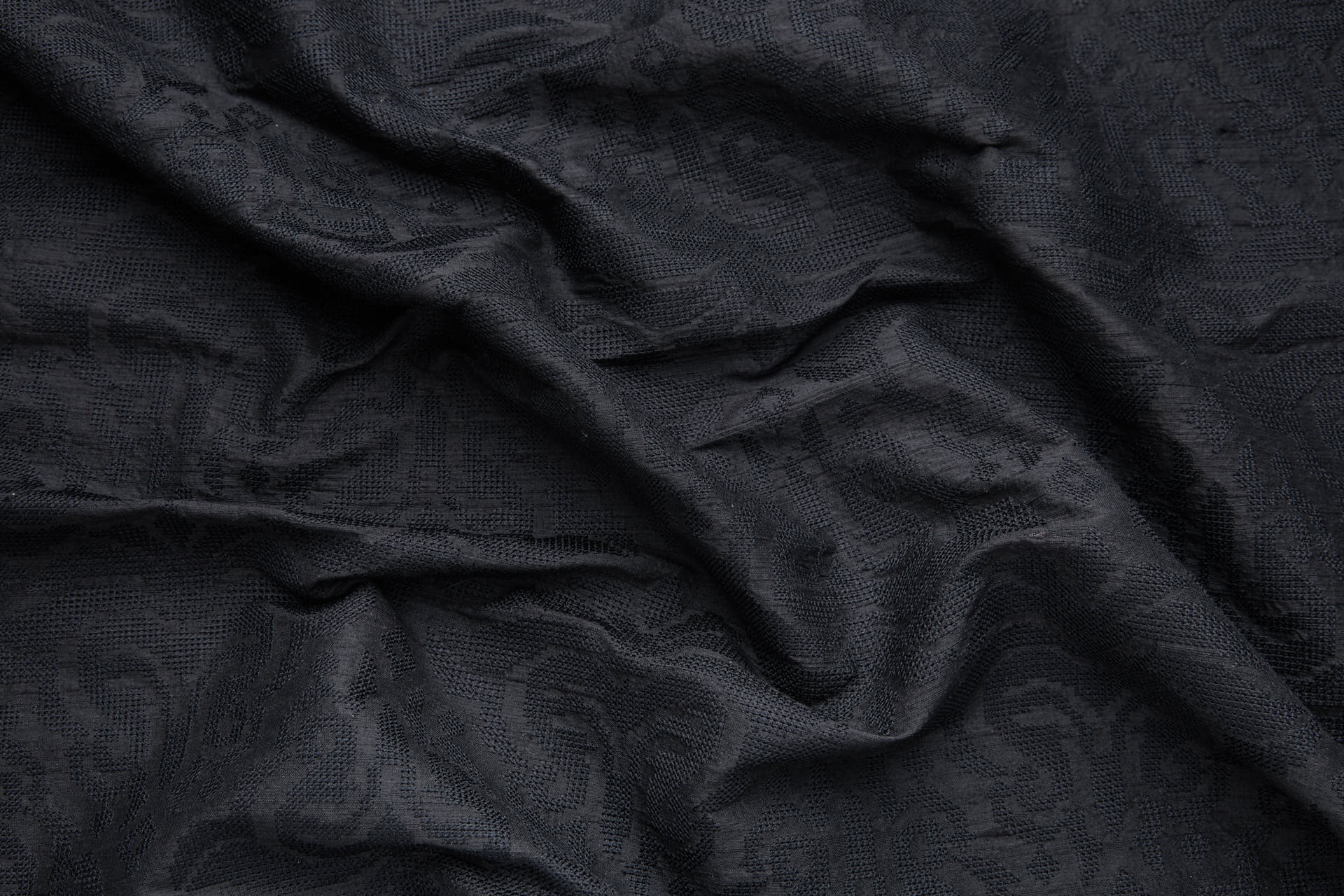Black Crosstitch Style Embroidery on Black Silk Dupion fabric, image 3 of 11