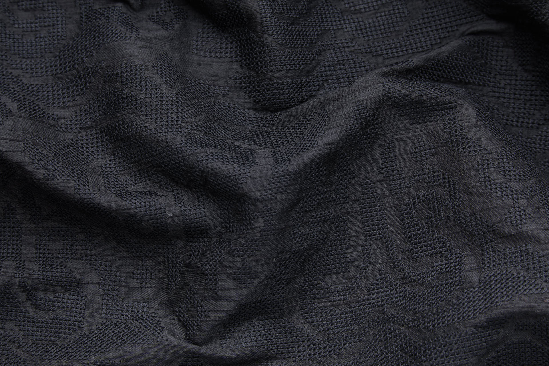 Black Crosstitch Style Embroidery on Black Silk Dupion fabric, image 6 of 11