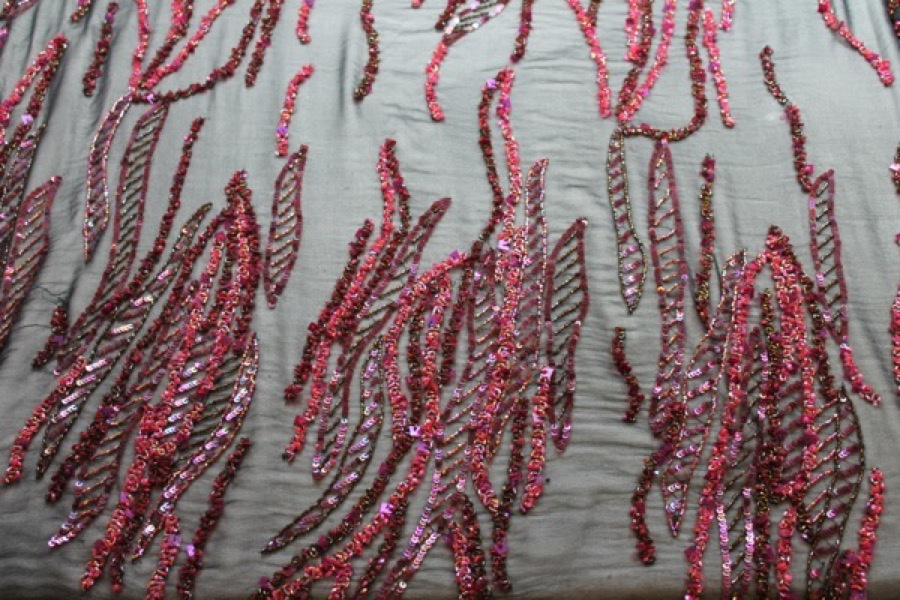 Black Chiffon with Red and Purple Sequinned Pattern fabric, image 3 of 13