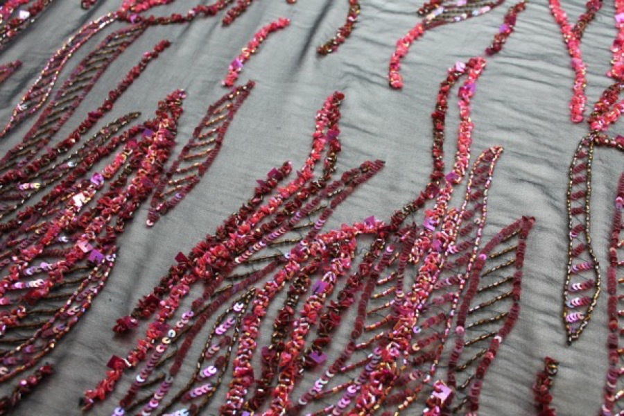 Black Chiffon with Red and Purple Sequinned Pattern fabric, image 4 of 13