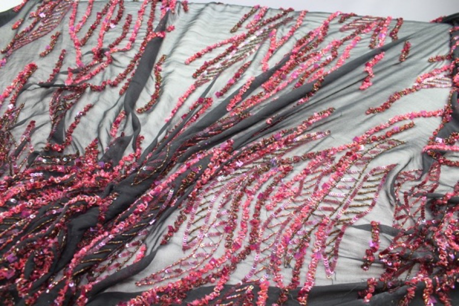 Black Chiffon with Red and Purple Sequinned Pattern fabric, image 5 of 13