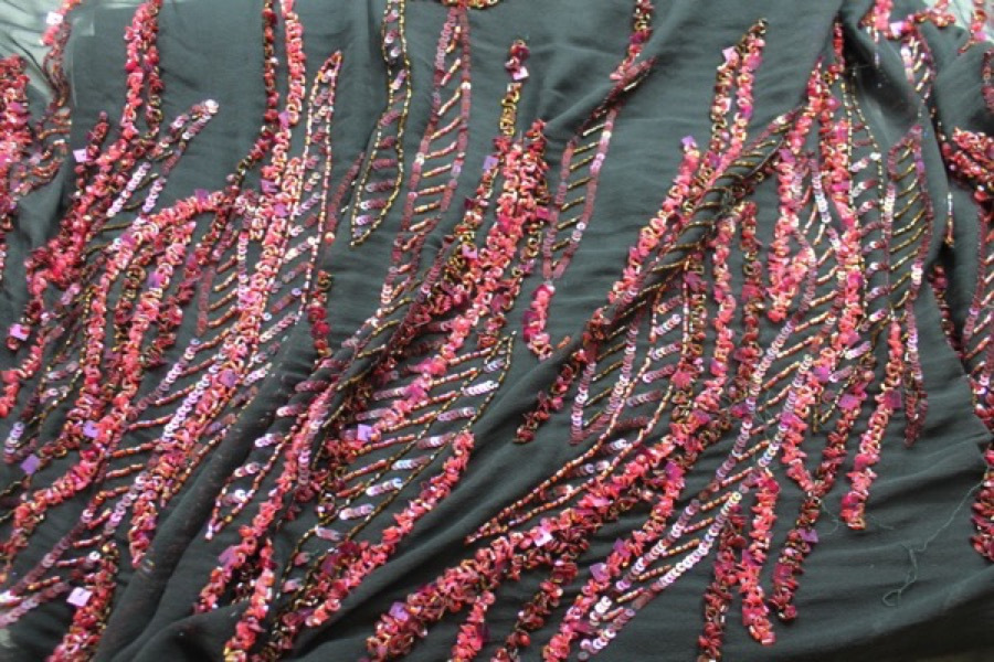 Black Chiffon with Red and Purple Sequinned Pattern fabric, image 8 of 13
