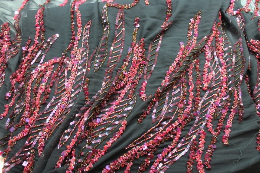 Black Chiffon with Red and Purple Sequinned Pattern fabric, image 10 of 13