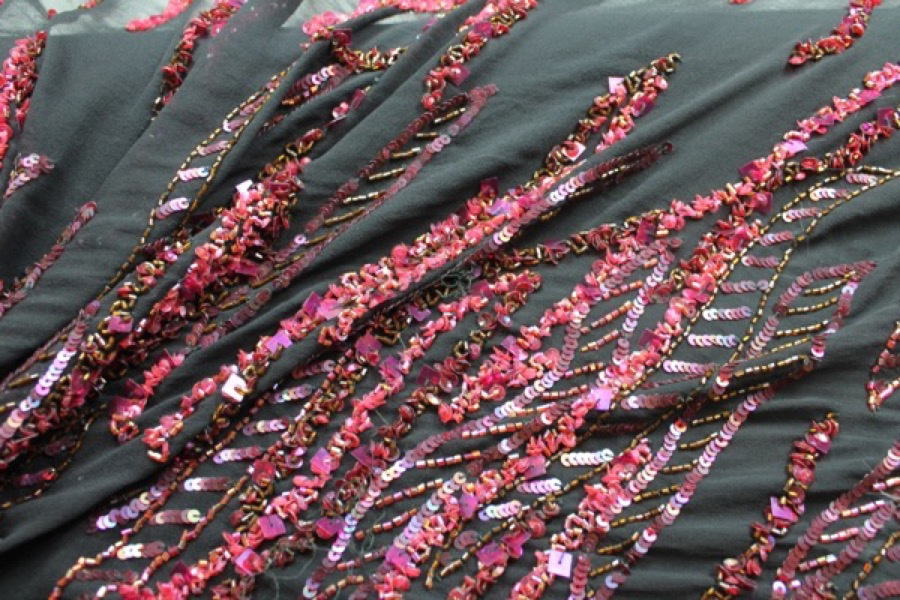 Black Chiffon with Red and Purple Sequinned Pattern fabric, image 7 of 13