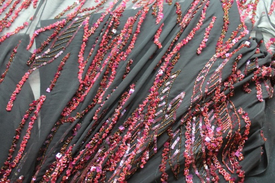 Black Chiffon with Red and Purple Sequinned Pattern fabric, image 11 of 13