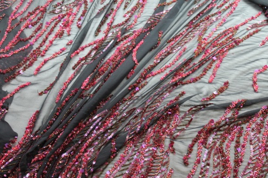 Black Chiffon with Red and Purple Sequinned Pattern fabric, image 9 of 13