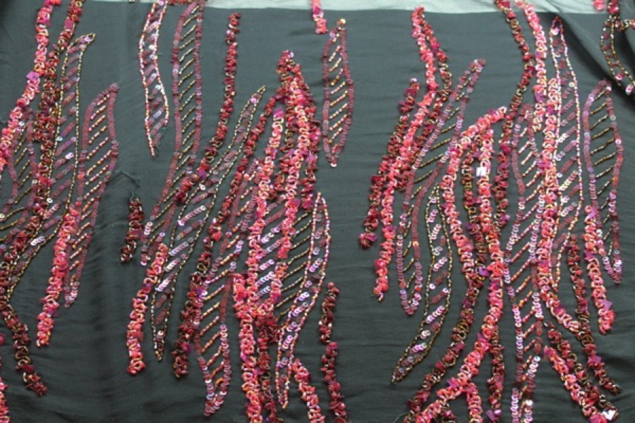 Black Chiffon with Red and Purple Sequinned Pattern fabric, image 12 of 13