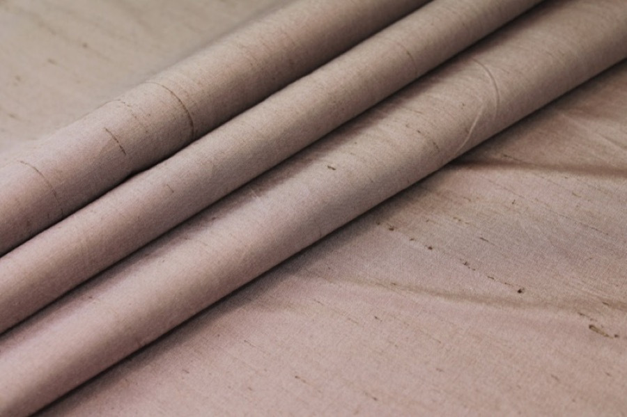 Silk Dupion - "Moroccan Brown" Brown shot Pale pink fabric