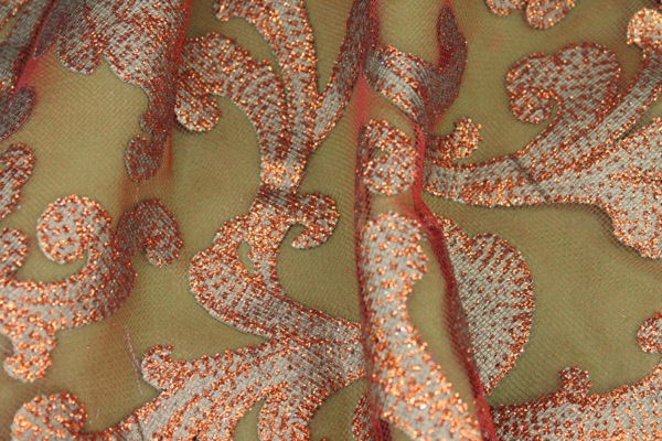 Glitter Swirl Tulle - Green/Copper/Rust fabric, image 2 of 7