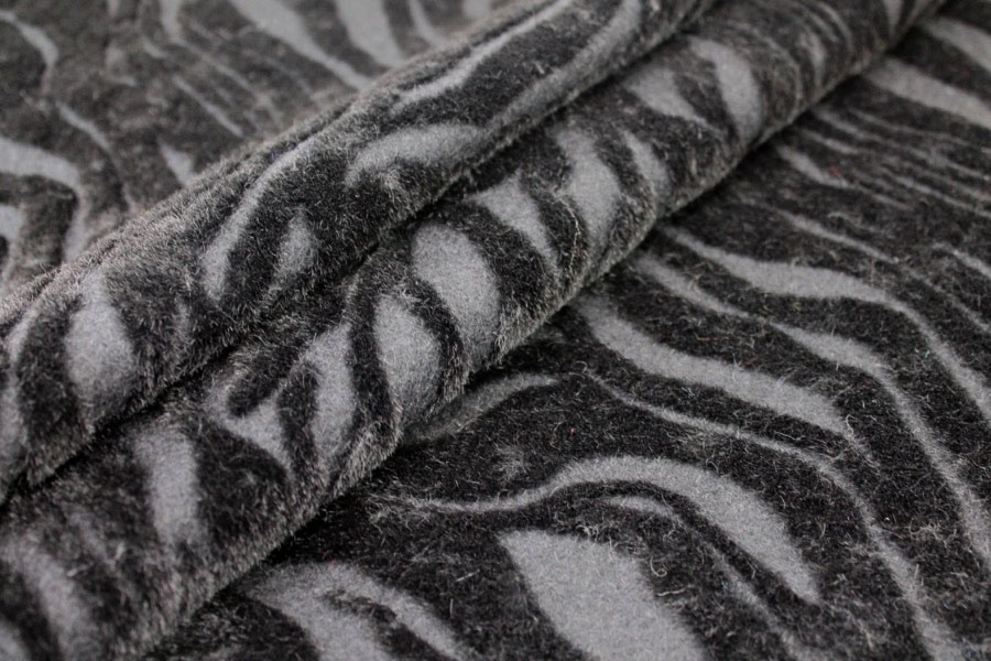 Boiled Wool Jersey Knit - Black with Black Flocked Fur Stripes fabric