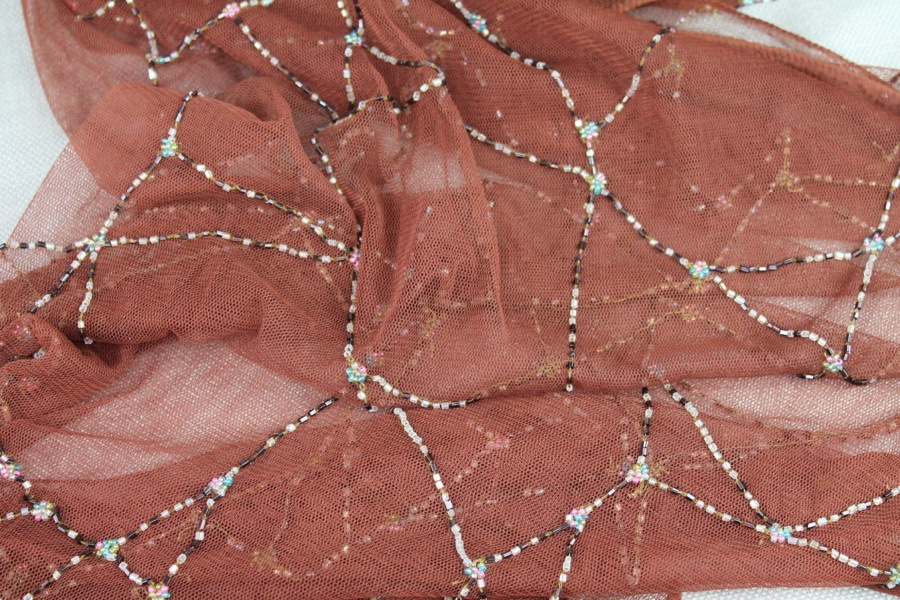 Brown Tulle with Multi Colour Beaded Lines fabric, image 2 of 7