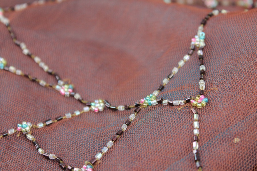 Brown Tulle with Multi Colour Beaded Lines fabric, image 7 of 7