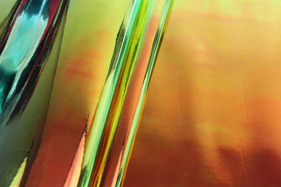 BACK IN STOCK - Iridescent Mirror PVC - Green/Orange on Black fabric, image 3 of 7