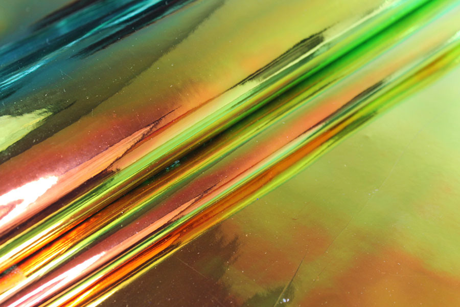 BACK IN STOCK - Iridescent Mirror PVC - Green/Orange on Black fabric, image 5 of 7