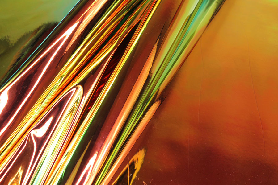 BACK IN STOCK - Iridescent Mirror PVC - Green/Orange on Black fabric, image 4 of 7